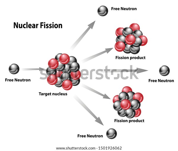 Nuclear\
energy diagram of nuclear fission reaction. Free neutron, target\
nucleus, fission product, chain releasing\
energy.