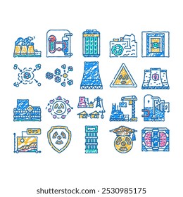 engenharia de energia nuclear átomo doodle ícones definir vetor. esboço linha arte poder futuro, segurança da planta, física radioativa, controle de curso de urânio, eletricidade engenharia de energia nuclear ilustrações de cor