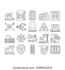 nuclear energy engineer atom icons set vector. power future, plant safety, radioactive physics, uranium stroke control, electricity nuclear energy engineer atom black contour illustrations