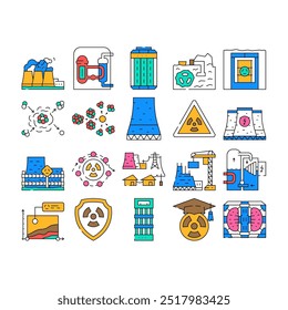 engenharia de energia nuclear ícones do átomo definir vetor. power future, segurança da usina, física radioativa, controle de curso de urânio, eletricidade engenheiro de energia nuclear cor do átomo Ilustrações de contorno