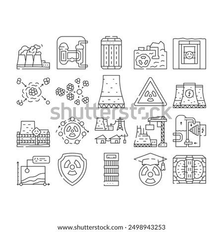 nuclear energy engineer atom icons set vector. power future, plant safety, radioactive physics, uranium stroke control, electricity nuclear energy engineer atom black contour illustrations