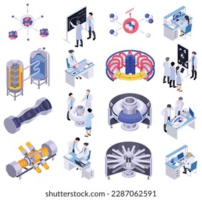 Nuclear energy fusion fission isometric set with isolated icons of atoms lab equipment and scientists characters vector illustration