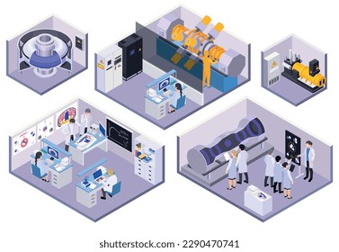 Nuclear energy fusion fission isometric set of isolated platforms with laboratory units machinery and human characters vector illustration