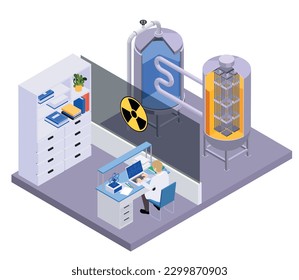 Nuclear energy fusion fission isometric composition with isolated view of laboratory workplace with chain reaction tanks vector illustration