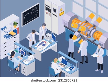 Nuclear energy fusion fission isometric composition with indoor scenery of lab with computers and scientist characters vector illustration