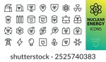 Nuclear energy isolated icons set. Set of nuclear power plant, graphite rods, small modular nuclear reactor, atomic research, generating electricity, atomic battery vectro icon with editable stroke