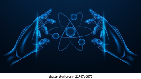 Nuclear energy management. Peaceful atom in the hands. Polygonal design. Blue background.