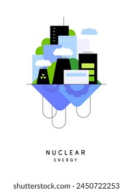 Nuclear energy. Modern city and renewable energy sources. Industrial landscape. Simple flat illustration. Poster, card. Vector file.