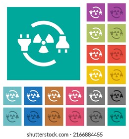 Nuclear energy multi colored flat icons on plain square backgrounds. Included white and darker icon variations for hover or active effects.
