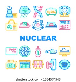 Nuclear Energy Power Collection Icons Set Vector. Acid Rain And Dna Decay, Mri Equipment And Nuclear Suitcase, Red Button And Control Concept Linear Pictograms. Color Contour Illustrations