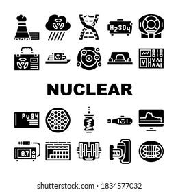 Nuclear Energy Power Collection Icons Set Vector. Acid Rain And Dna Decay, Mri Equipment And Nuclear Suitcase, Red Button And Control Glyph Pictograms Black Illustrations