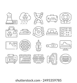 Nuclear Energy Power Collection Icons Set Vector. Acid Rain And Dna Decay, Mri Equipment And Nuclear Suitcase, Red Button And Control Concept Linear Pictograms. Black Contour Illustrations