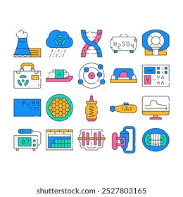 Conjunto de ícones de coleta de energia nuclear. Chuva Ácida E Decaimento De Dna, Equipamento De Rm E Mala Nuclear, Botão Vermelho E Controle Conceito Pictogramas Lineares.