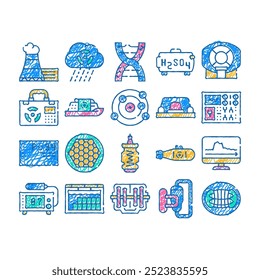 energia nuclear poder doodle ícones definir vetor. esboço linha arte chuva ácida e decaimento dna, equipamento de rm e mala nuclear, botão vermelho e controle. ilustrações de cores