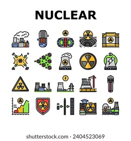 nuclear energy power plant icons set vector. station reactor, station atomic, industry radioactive, tower factory pollution nuclear energy power plant color line illustrations