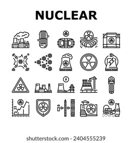 nuclear energy power plant icons set vector. station reactor, station atomic, industry radioactive, tower factory pollution nuclear energy power plant black contour illustrations