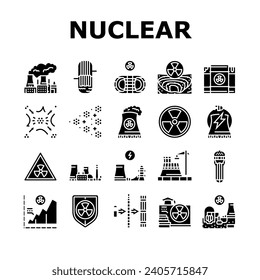 nuclear energy power plant icons set vector. station reactor, station atomic, industry radioactive, tower factory pollution nuclear energy power plant glyph pictogram Illustrations