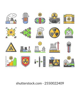 nuclear energy power plant icons set vector. station reactor, station atomic, industry radioactive, tower factory pollution nuclear energy power plant color line illustrations