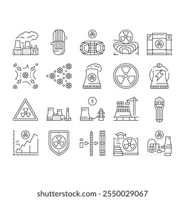 Iconos de la planta de energía nuclear Conjunto de Vector. Reactor de estación, estación atómica, industria radiactiva, contaminación de la fábrica de torres Planta de energía nuclear Ilustraciones de contorno negro