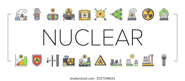 nuclear energy power plant icons set vector. station reactor, station atomic, industry radioactive, tower factory pollution nuclear energy power plant color line illustrations