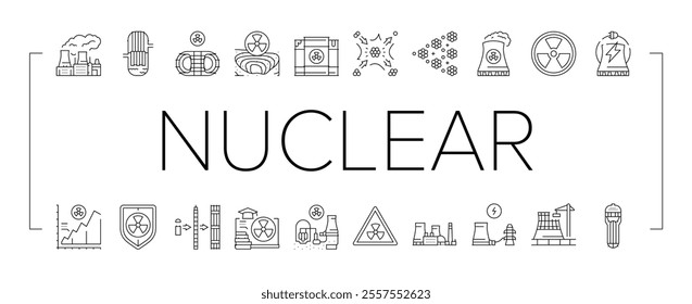 nuclear energy power plant icons set vector. station reactor, station atomic, industry radioactive, tower factory pollution nuclear energy power plant black contour illustrations