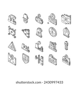 nuclear energy power plant isometric icons set. station reactor, station atomic, industry radioactive, tower factory pollution nuclear energy power plant color line