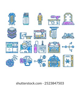 reator de energia nuclear doodle ícones definir vetor. esboço linha arte eletricidade radioativa, atômica planta, tecnologia do ambiente da estação, reator de energia nuclear elétrica ilustrações de cor