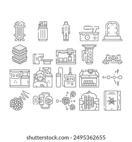 los iconos del reactor de energía nuclear establecen el Vector. electricidad radiactiva, planta atómica, tecnología del medio ambiente de la estación, reactor de energía nuclear nuclear atómico ilustraciones de contorno negro