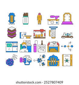 nuclear energy power reactor icons set vector. electricity radioactive, plant atomic, station environment technology, atom electric nuclear energy power reactor color Contour Illustrations