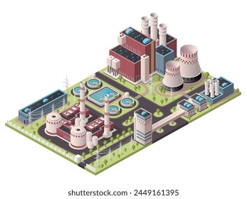 Nuclear energy, power station, ecology pollution, realistic design, industrial technology, environmental issue caused by toxic smoke. Reactor and factory building. Isometric vector illustration