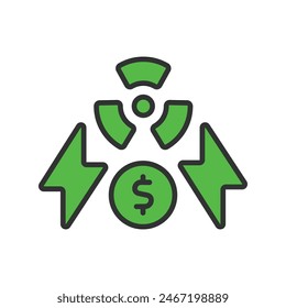 Nuclear energy price, in line design, green. Nuclear, Energy, Price, Cost, Power, Electricity, Reactor on white background vector. Nuclear energy price editable stroke icon.