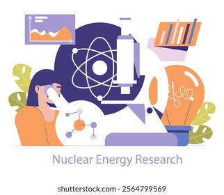 Nuclear Energy Research concept. A scientist explores atomic power generation amidst symbols of energy and atomic structure. Vector illustration.