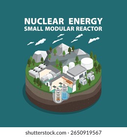 Energia Nuclear, Pequenos Reatores Modulares: Soluções Compactas para um Futuro de Energia Limpa em gráfico isométrico