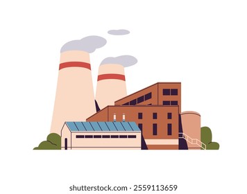 Nuclear energy station with smoke from tubes. Thermal power plant with exhaust from chimneys. Heavy industry building, factory. Production, manufacturing. Flat isolated vector illustration on white