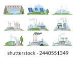 Nuclear energy thermal power plant electricity supply set isometric vector illustration. Hydroelectric station geothermal energy solar panels wind electricity. Industrial station technology