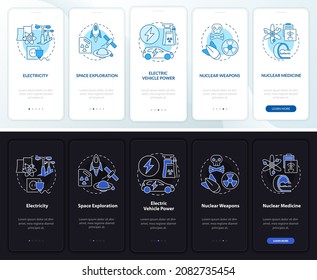 Nuclear energy usage onboarding mobile app page screen. Electricity walkthrough 5 steps graphic instructions with concepts. UI, UX, GUI vector template with linear night and day mode illustrations