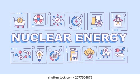 Nuclear energy word concepts banner. Environmentally friendly power. Infographics with linear icons on purple background. Isolated creative typography. Vector outline color illustration with text