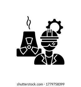 Nuclear engineer black glyph icon. Heavy production on industrial factory. Petrochemical specialist. Chemical facility worker. Silhouette symbol on white space. Vector isolated illustration