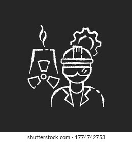 Nuclear engineer chalk white icon on black background. Heavy production on industrial factory. Employee for distillery work. Petrochemical specialist. Isolated vector chalkboard illustration