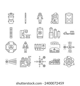 iconos de energía de ingeniería nuclear conjunto vector. tecnología de la industria, fábrica de plantas, industria de la electricidad, equipo de estaciones, ingeniería nuclear, energía nuclear, energía eléctrica, imágenes de contorno negro