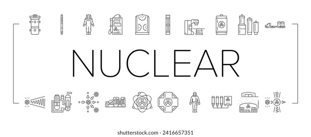 iconos de energía de ingeniería nuclear conjunto vector. tecnología de la industria, fábrica de plantas, industria de la electricidad, equipo de estaciones ingeniería nuclear energía energía nuclear ilustraciones de la línea negra