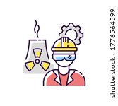 Nuclear engineer RGB color icon. Heavy production on industrial factory. Employee for distillery work. Petrochemical specialist. Chemical facility worker. Isolated vector illustration