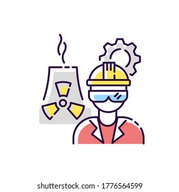Nuclear engineer RGB color icon. Heavy production on industrial factory. Employee for distillery work. Petrochemical specialist. Chemical facility worker. Isolated vector illustration