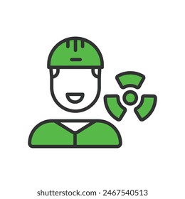 Nuclear engineering, in line design, green. Nuclear, Engineering, Reactor, Atomic, Energy, Power, Radiation on white background vector. Nuclear engineering editable stroke icon.