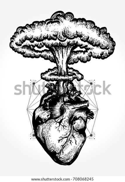 解剖学的な心臓tシャツデザインの超現実的なグラフィックの核爆発 愛 感情 エネルギーの象徴 のベクター画像素材 ロイヤリティフリー