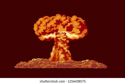 Nuclear explosion. Atomic bomb and mushroom clouds. Vector illustration in cartoon simple flat style.