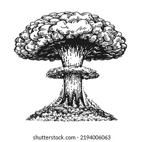 Nuclear Explosion. Atomic Bomb, Mushroom Cloud Sketch. Radiation And Destruction. Weapon Vector Illustration Isolated