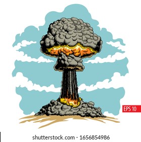 Nuclear Explosion. Atomic Or Thermonuclear Bomb Mushroom Cloud Vector Illustration.