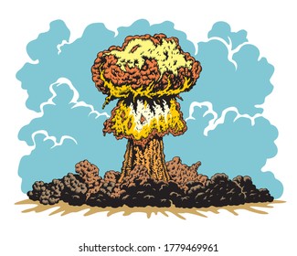 Nuclear Explosion. Atomic Or Thermonuclear Bomb Mushroom Cloud Vector Illustration.