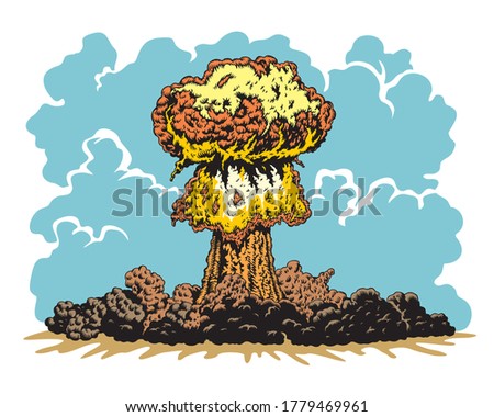 Nuclear explosion. Atomic or thermonuclear bomb mushroom cloud vector Illustration.